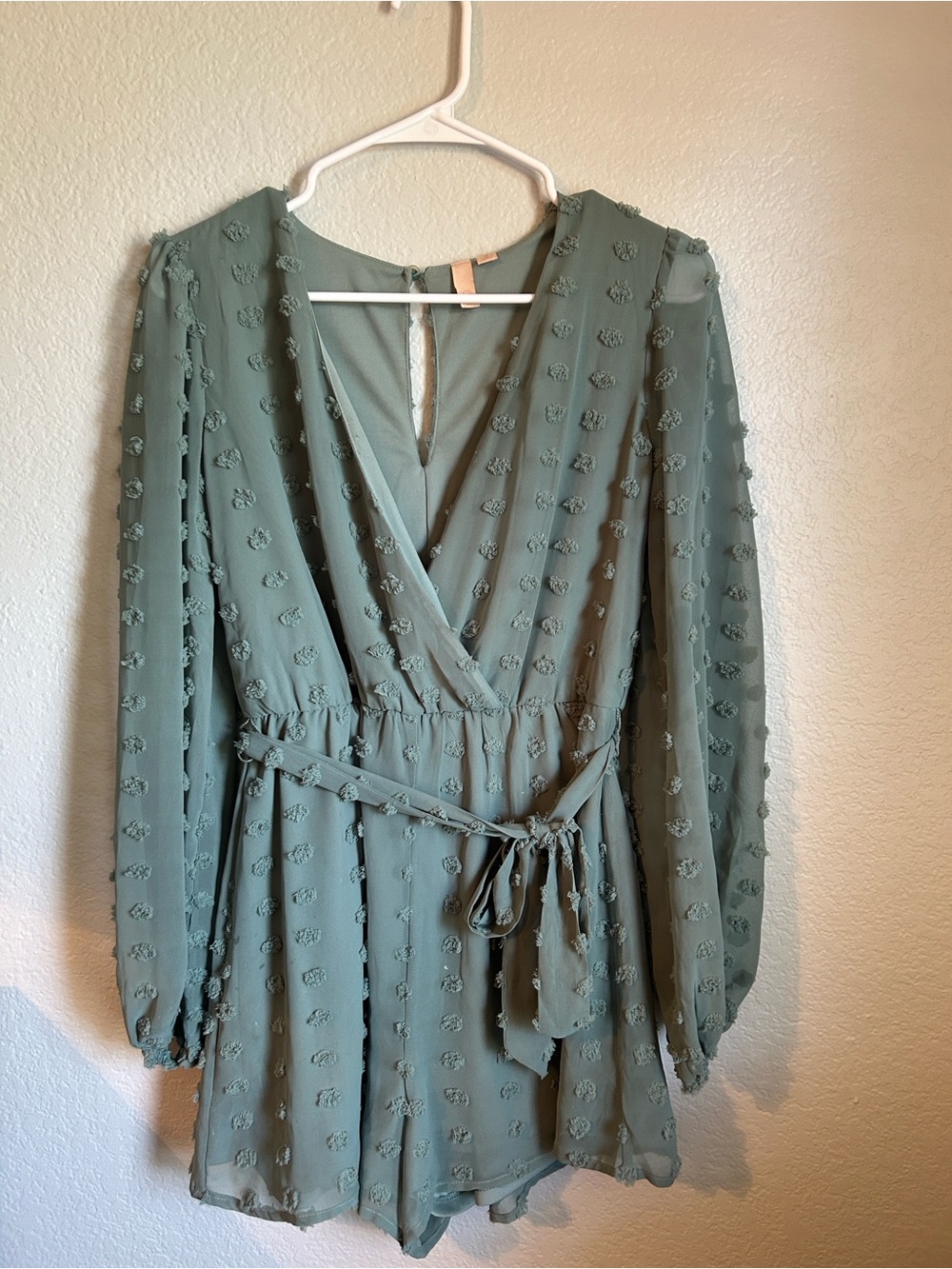 Women's Sage Green Textured Chiffon Wrap Romper Dress